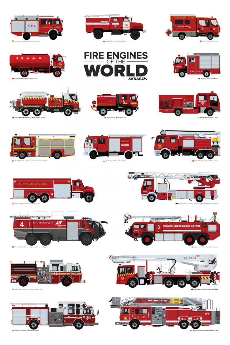 Плакат с пожарными автомобилями со всего мира от иллюстратора Тайлера Скрайбека (Tyler Skrabek)